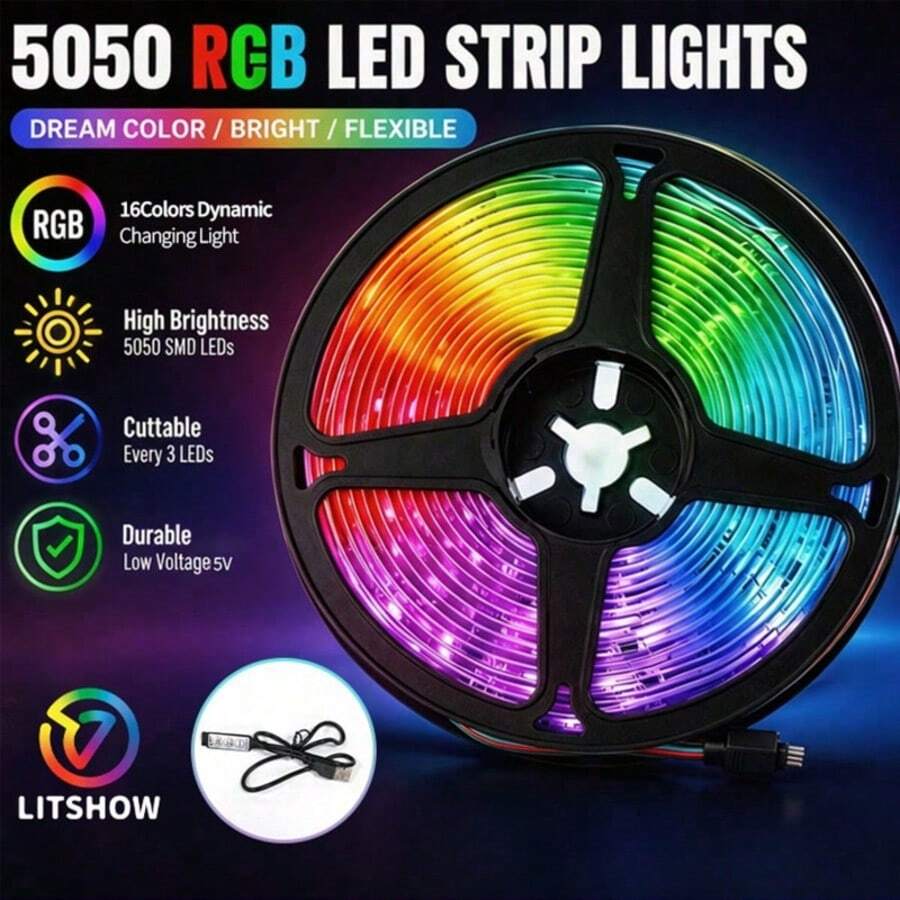 Tira de luces LED RGB 5050 con cambio de color, controlador de 3 teclas, modo de parpadeo regulable, adecuada para dormitorio, retroiluminación de TV, sala de juegos, decoración de fondo fotográfico - Multicolor - Ver 1