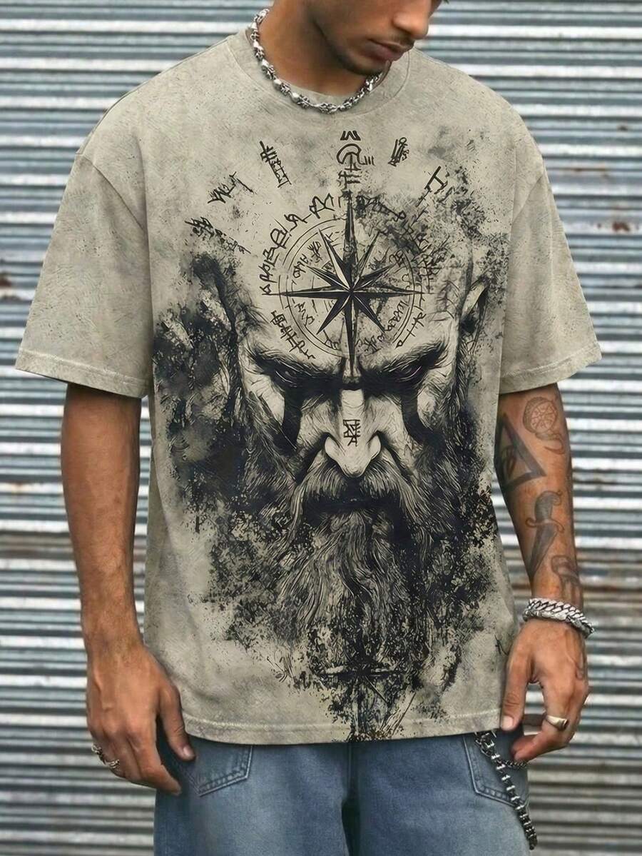 大尺碼男士復古骷髏印花時尚寬鬆圓領短袖T恤 - 彩色 - 查看 1