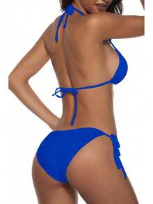 Women Two Piece Swimsuit Sexy Swimwear Halter String Triangle Bikini Sets - Royal Blue - View 3