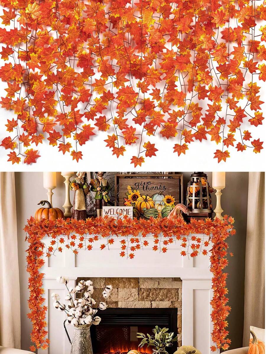 12/6/1pc-Autumn Maple Leaf Hanging Decor, Maple Leaf Decorative Pendant, Hanging Vine Decoration, Artificial Autumn Maple Leaf Decoration, Suitable For Home, Wedding, Fireplace, Party And Other Occasions Thanksgiving Decoration, Also Suitable For Halloween, Harvest Festival, Christmas Party Table Decoration, Home Decor, Yard Autumn Decoration, Etc. - Multicolor - View 1