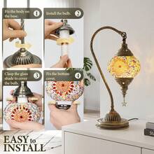 Turkish Moroccan Mosaic Glass Table Lamp, Handmade Swan Neck Bedside Lamp With Bronze Base, 3 Color Modes LED Light, Decorative Nightstand Lamp For Bedroom, Living Room, Boho Home Decor, LED Bulb Included, Orange. - Xem 6