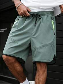 Men's Casual Summer Shorts, Solid Color Elastic Waist Drawstring Zipper Pocket Sports Pants - Army Green - View 5