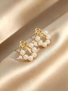 1對金色法式復古極簡精緻奢華優雅甜美溫柔小眾高端花卉仿珍珠耳釘，適合青少年女孩、情人節、日常與節日配戴 - 幾何珍珠 - 查看 4