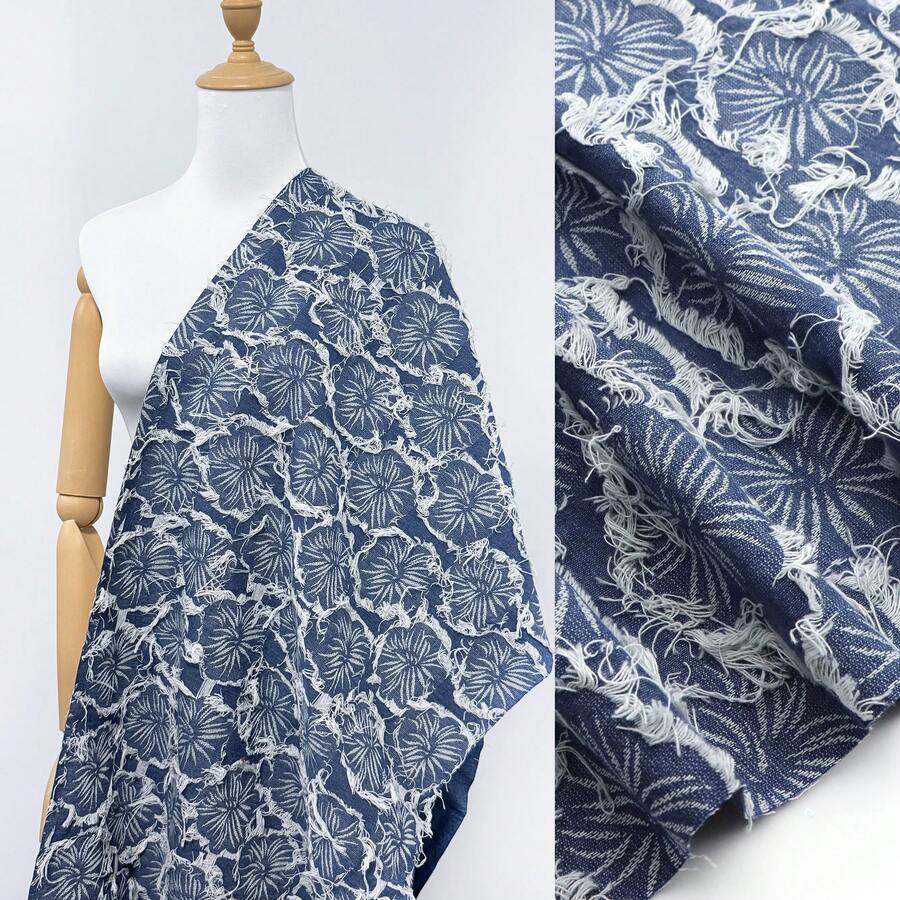 1Pc Denim Fabric With Tassel, Patchwork,Luxury Vintage Style,Ideal For DIY Crafts,Garments,Bags,Hat And All Kinds Of Sewing Projects - Default - View 1