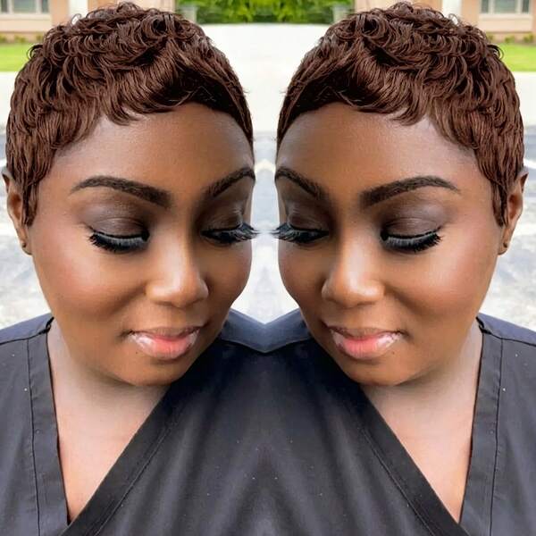 Chic Pixie Cut Wig For Women - Glueless Brazilian Human Hair, Black With Brown Highlights,4# Brown Color Short Straight Style With Bangs Full Machine Made Short Layered Pixie Wigs For Women Love Gift, Halloween Costumes Day And Daily Use