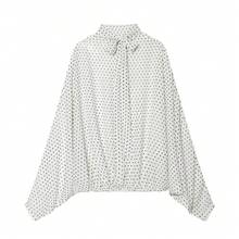 Women's Polka Dot Chiffon Two Pieces Set Tie Neck Batwing Sleeve Top High Waist Flowy Long Skirt Elegant White - White - View 10