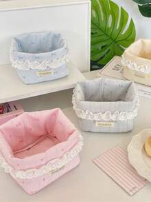 1Pc Cute Lace Ruffle Quilted Storage Basket, Small Bow Print Foldable Desktop Organizer For Cosmetics Sundries Bedroom Decor - Multicolor - View 5