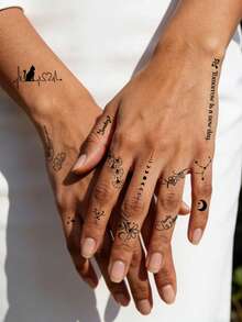 30 Pieces Of High-Quality Black Temporary Tattoo Stickers With A Variety Of Designs, Including Flowers, Plants, Letters, Planets, Hearts, And Lines. Suitable For Fingers, Collarbones, Arms, Ankles, And Other Body Parts. Waterproof And Long-Lasting - Black - View 3
