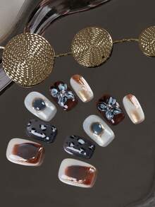 10 piezas de uñas postizas para pegar, blancas, marrones y azules con efecto ojo de gato y flores, uñas cortas falsas artificiales, kit de suministros de uñas postizas que incluye 1 hoja de pestañas adhesivas y 1 lima mini, hechas a mano - Multicolor - Ver 3