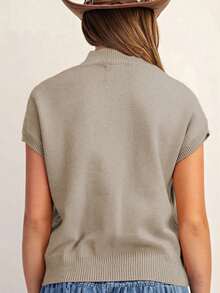 Women's Spring/Autumn Casual High Neck Embroidered Detail Sleeveless Knit Top Vest, Suitable For Daily Wear, Casual And Elegant Summer - Khaki - View 6