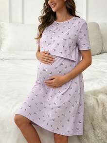 Hart & Haze Postpartum Women's Casual Maternity Sleepwear, Round Neck Simple Printed Short Sleeve Nightgown - Multicolor - View 7