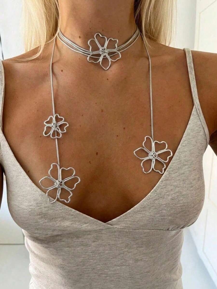 1pc Design Ginkgo Leaf French Style Long Flower Tassel Necklace, Minimalist Fashion Pearl Small Flower Round Snake Chain Necklace, High-End Metallic Feel Tassel Long Collarbone Chain, Suitable For Women's Daily And Banquet Wear - Silver - View 1