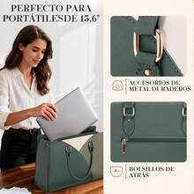 Women's Waterproof Tricolor PU Leather Office Tote Bag, Fits 15.6" Laptop, Detachable Strap, Stylish Design, Ideal For Office, Meetings, Shopping, Air Travel And Everyday Use - 墨綠色 - 查看 5