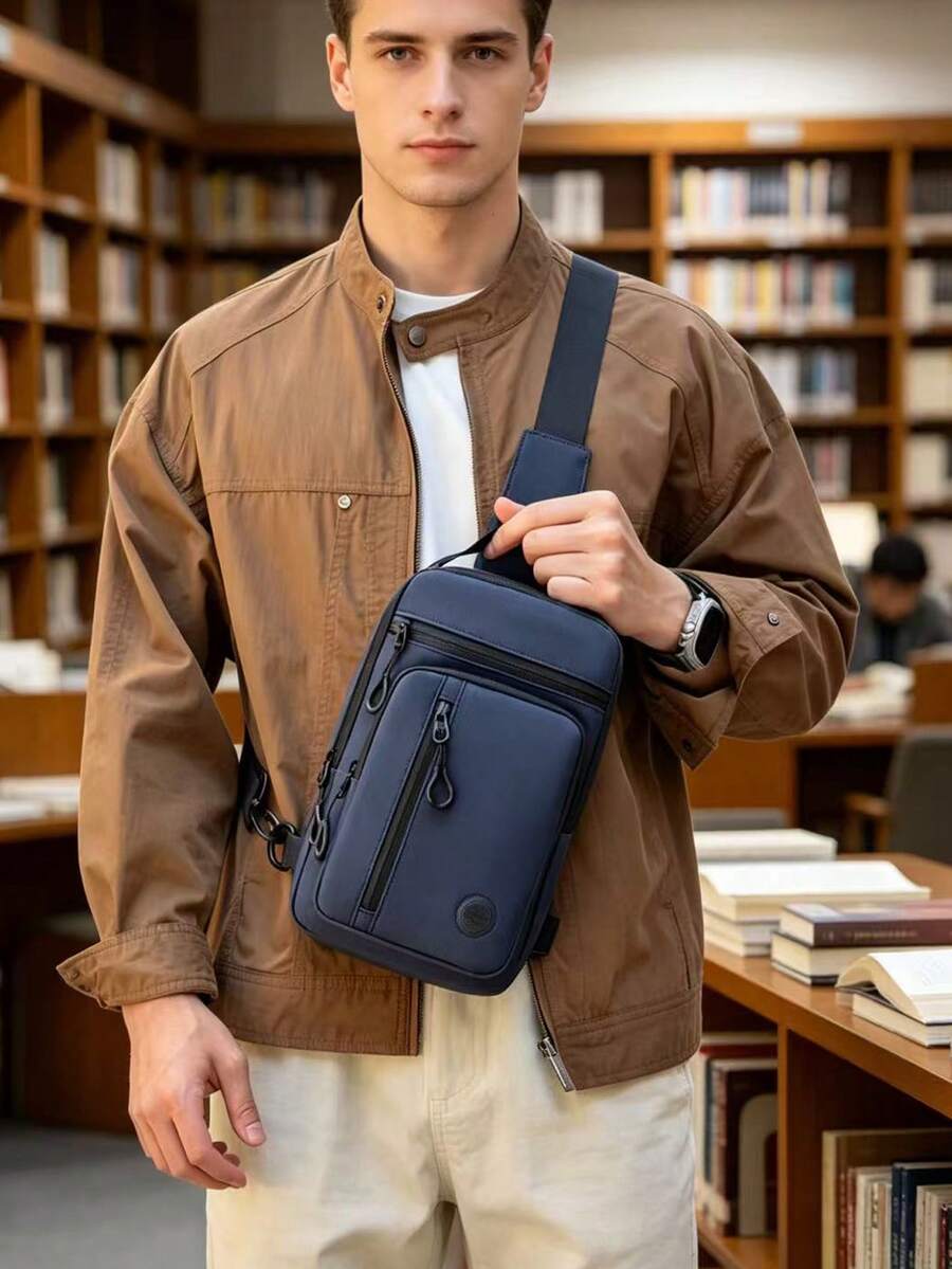 男士防水斜背包，防盜胸包背包肩帶接口，輕量尼龍肩背包，適合旅行、徒步、工作、日常通勤 - 藍色 - 查看 1