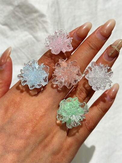 5pcs/Set Colorful 3D Flower Ring Set, Suitable For Women's Jewelry For Spring Outings And Beach Vacations