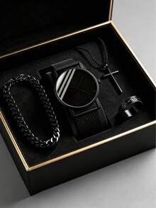 Minimalist Geneva Black Dial Red/Blue/Black Scale Men's Quartz Watch 4/1 Set, Cool Black Mesh Strap Lightweight Men's Watch Paired With Cuban Bracelet, Cross Pendant Necklace And Engraved Ring, Street Style Business Commute Dual-Use Men's Accessory Set, Father's Day Gift, Men's Birthday Gift, Graduation Back To School Gift Choice Men's Set Jewelry (Display Box Not Included) - Multicolor - View 8
