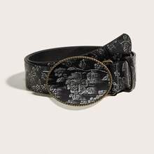 1pc Women's Vintage Round Buckle Black & Grey Belt Suitable For Daily Use - Multicolor - View 5