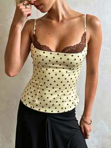 Women Polka Dot Y2K Cami Top Lace Trim Spaghetti Strap Tank Top Fairy Backless Dot Print Going Out Camisole - 黃色 - 查看 4