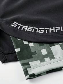 Shorts Esportivos 2 em 1 com Forro Camuflado para Homens, Shorts de Corrida e Fitness com Bolso para Celular e Cordão na Cintura, Shorts de Treinamento Atlético - Preto - View 7