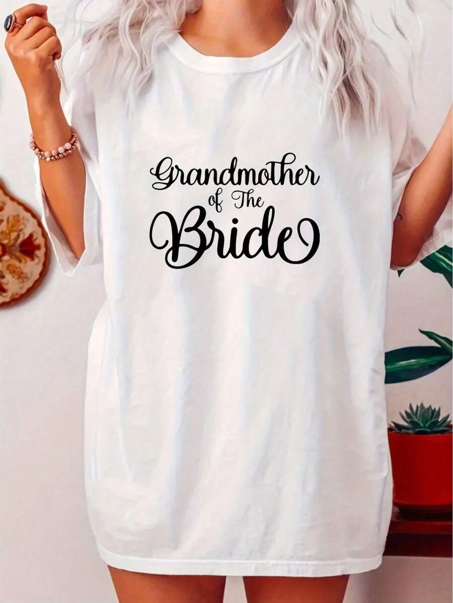 "Grandmother Of The Bride" T-Shirt For Women - Elegant Cursive Lettering For Wedding Guests And Bridal Party, Casual Short-Sleeved Crew Neck T-Shirt, Soft And Breathable For Weddings - 白色 - 查看 1