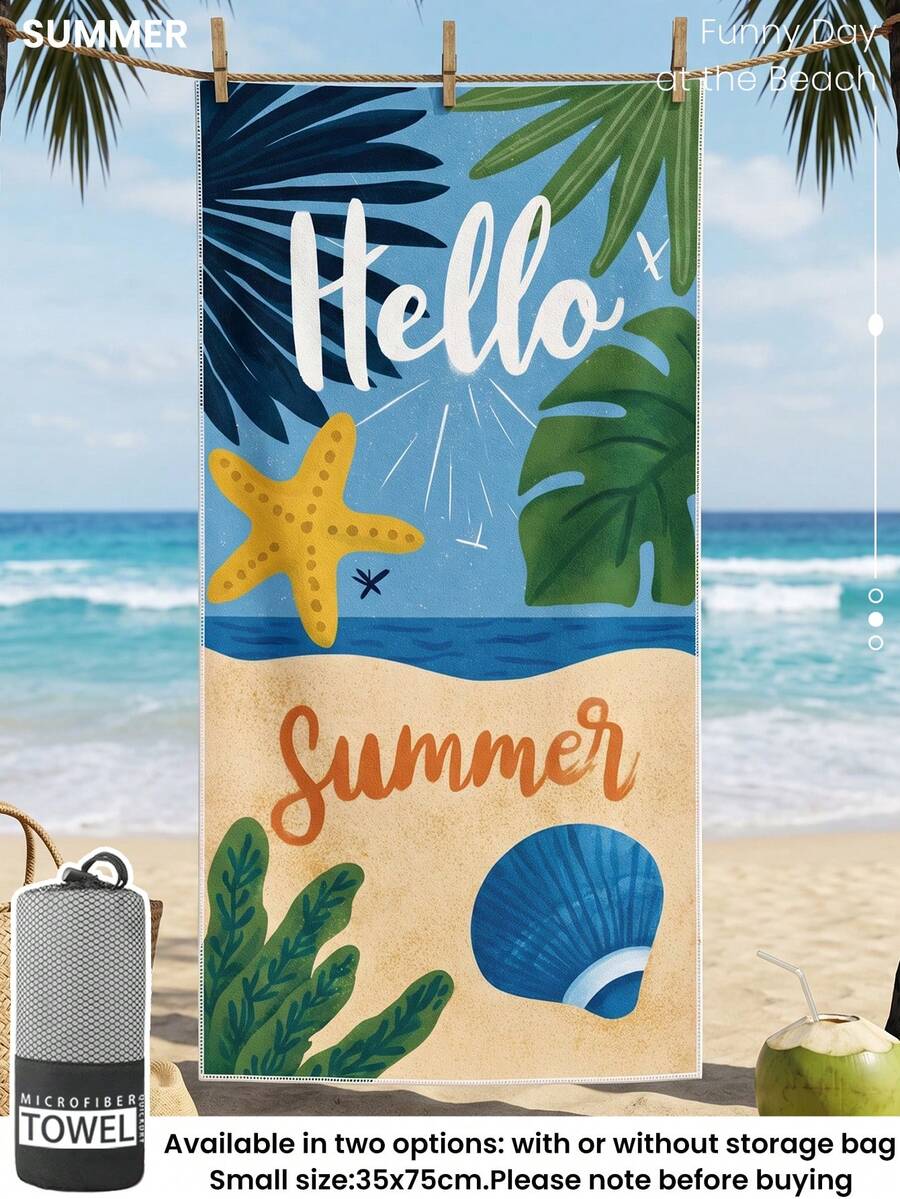 1件 Hello Summer 印花沙灘巾，游泳巾，浴巾，時尚沙灘巾，吸水浴巾，適用於浴室、游泳、健身、瑜珈，柔軟舒適的超細纖維毛巾，輕便便攜，防沙，適合夏季旅行