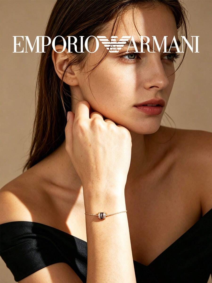 Armani 纖細鏈條手鍊,配黑色水晶圓筒吊墜,玫瑰金電鍍,極簡風女性日常手腕飾品,禮物 - 玫瑰金 - 查看 1