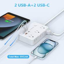 Regleta de protección contra sobretensiones con enchufe plano de 5 pies, 6 tomas de corriente espaciadas + 4 puertos USB, extensor de enchufe de pared, esencial para el hogar, la oficina, el dormitorio - Blanco - Ver 3