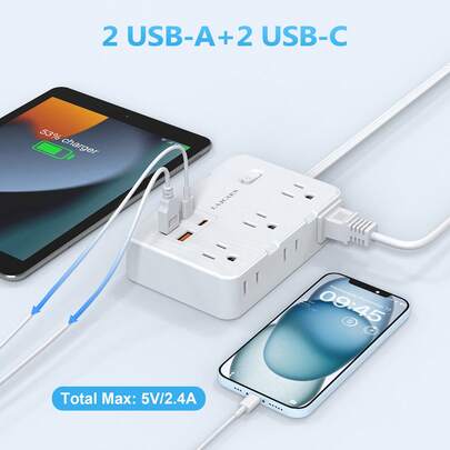 電壓保護電源延長線，5英尺扁平插頭延長線，含6個寬距插座與4個USB連接埠，壁掛式插座擴展器，居家辦公室與宿舍必備