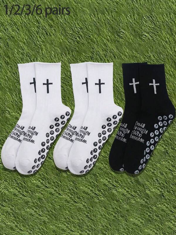 1/2/3/6 Pairs Cross & Football Pattern Sports Socks, Yoga/Basketball/Cycling Socks, Non-Slip Grip Socks, Unisex, All Seasons