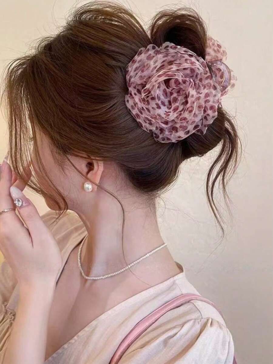 1件女款優雅高階豹紋網格花朵髮爪夾,適合日常穿搭與度假髮飾 - 粉色 - 查看 1