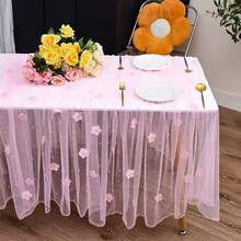 1 Pack Pearl Table Runner With 3D Flowers Boho Rustic Sheer Tulle Fabric Tablecloth Wedding Table Cloths For Bridal Baby Shower Birthday Party Arch Veil Dessert - Pink - View 7