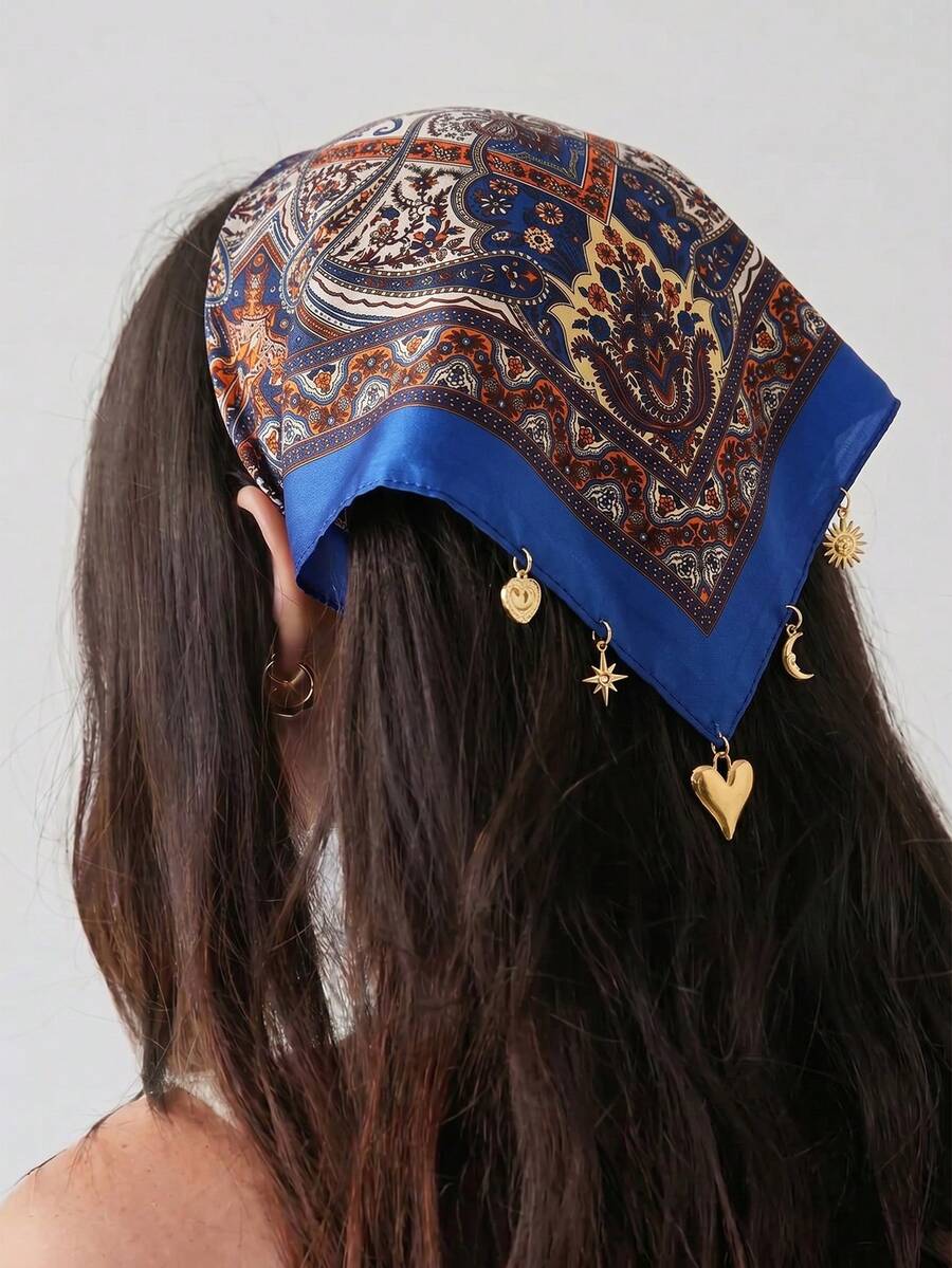 1件女款時尚波希米亞佩斯利印花圖案方巾頭巾髮帶,附太陽月亮心形吊墜,適合日常百搭夏季髮飾圍巾海灘髮帶度假方巾 - 彩色 - 查看 1