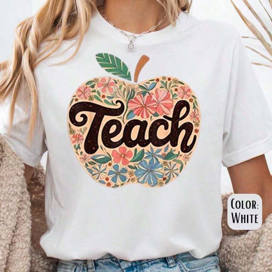 Preschool T-Shirts, Summer T-Shirts For Women, Graphic Print T-Shirts For Women, Casual Short Sleeve Crew Neck T-Shirt, 1 Fashion T-Shirt, 180g, 100% Cotton. - 學前教師襯衫004 - 查看 1