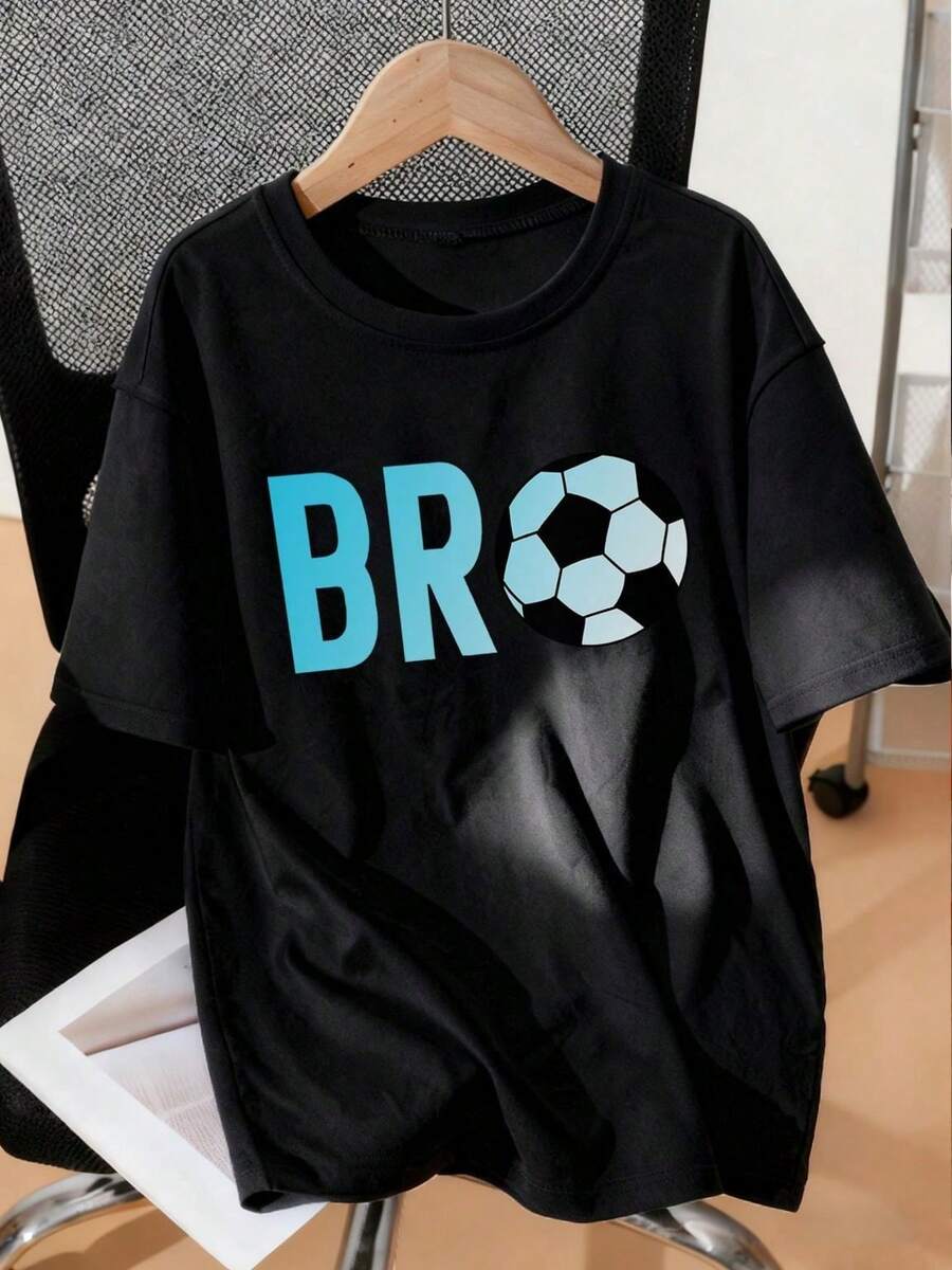 Navy Blue Short-Sleeved Crew Neck T-Shirt With "Bro" Football Print For Pre-Teen Boys, Summer Sports T-Shirt For Football-Loving Pre-Teen Boys - 黑色 - 查看 1