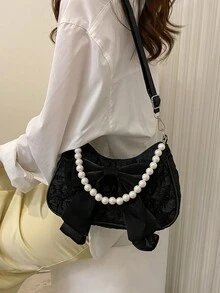 Fashionable Pearl Chain Handbag Shoulder Bag - Black - View 6