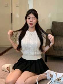 女士宽松休闲纯色短袖针织上衣，夏季白色 - 白色 - 查看 2