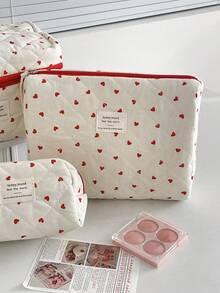 Red Heart Print Quilted Makeup Bag, 3 Sizes Portable Handheld Cosmetic Storage Bag, Large Capacity Travel Toiletry Organizer - Multicolor - View 6