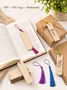 70pcs Wooden Blank Bookmarks DIY Wooden Craft Bookmarks Wooden Laser Cut Wooden Pendants Wooden Square Tags (35pcs Bookmarks + 35pcs Tassels) Random Tassel Colors Back To School Season - Multiple Colors - View 10