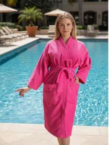 UNISEX WIDE AND LONG BATHROBE EXCELLENT ABSORPTION WITH RIBBON AND POCKETS - Hot Pink - View 10