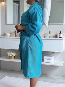 BATA DE BAÑO UNISEX AMPLIA Y LARGA EXCELENTE ABSORCIÓN TELA MICROTOALLA (ALGODÓN CON MICROFIBRA) - Azul turquesa - Ver 8