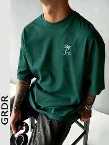 GRDR Men's Round Neck Fashionable Palm Tree Printed Short Sleeve T-Shirt, Casual - Dark Green - View 2