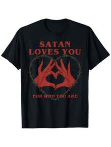 Camiseta de Halloween con Satanás - Negra, Manga Corta, Cuello Redondo, Diseño Casual, Apta para Todas las Estaciones, Camiseta Gráfica Vintage para Adultos, Camiseta con Letras llamativas - Negro - Ver 1
