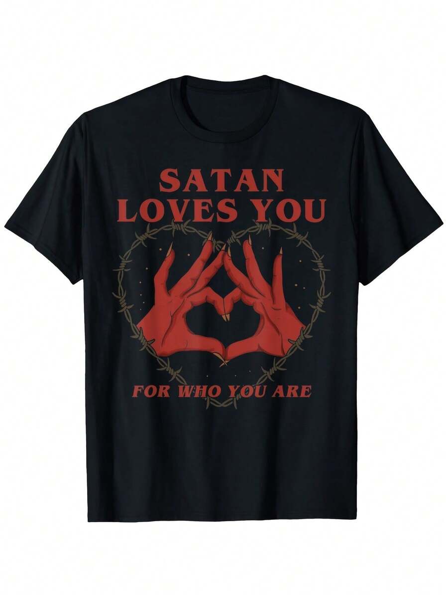 Camiseta de Halloween con Satanás - Negra, Manga Corta, Cuello Redondo, Diseño Casual, Apta para Todas las Estaciones, Camiseta Gráfica Vintage para Adultos, Camiseta con Letras llamativas - Negro - Ver 1