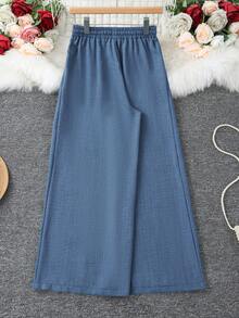 Fashion Plus Size Woven Denim Effect Wide Leg Pants With Drawstring And Pockets, Non-Stretch Long Pants, Vintage Style - Blue - View 4