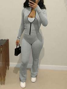 Conjunto de traje delgado de estilo europeo y americano con chaqueta de punto con cremallera y pantalones anchos de pierna ancha, ajuste ceñido y sexy, elegante para primavera/otoño - Ceniza de copo de nieve - Ver 1