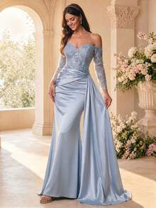 Women's Light Blue Woven Fabric Long Mermaid Dress, Open Shoulder Design, Contrast Sequin Sleeves Party Wedding Spring - Baby Blue - View 1
