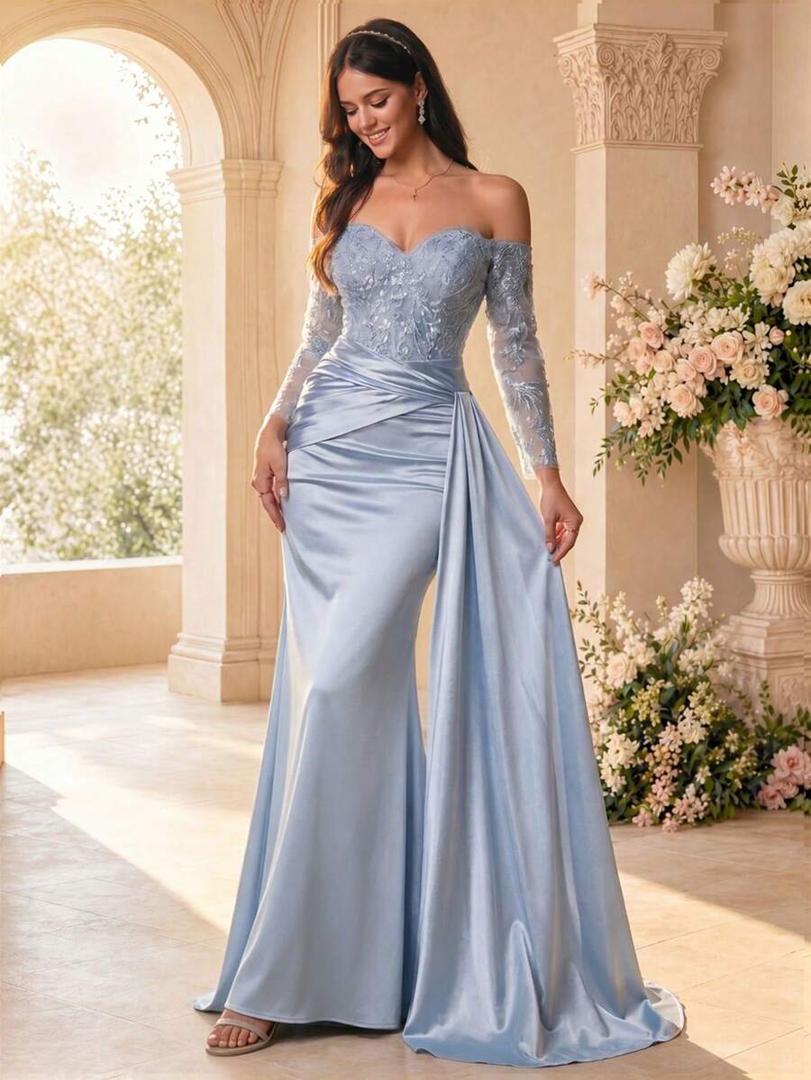 Women's Light Blue Woven Fabric Long Mermaid Dress, Open Shoulder Design, Contrast Sequin Sleeves Party Wedding Spring - Baby Blue - View 1