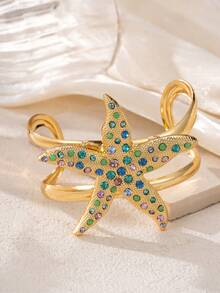1pc Bohemian Colorful Rhinestone Starfish Open Adjustable Bangle, Suitable For Women's Daily, Beach, Vacation Wear, Ocean Theme Jewelry - Yellow Gold - View 4