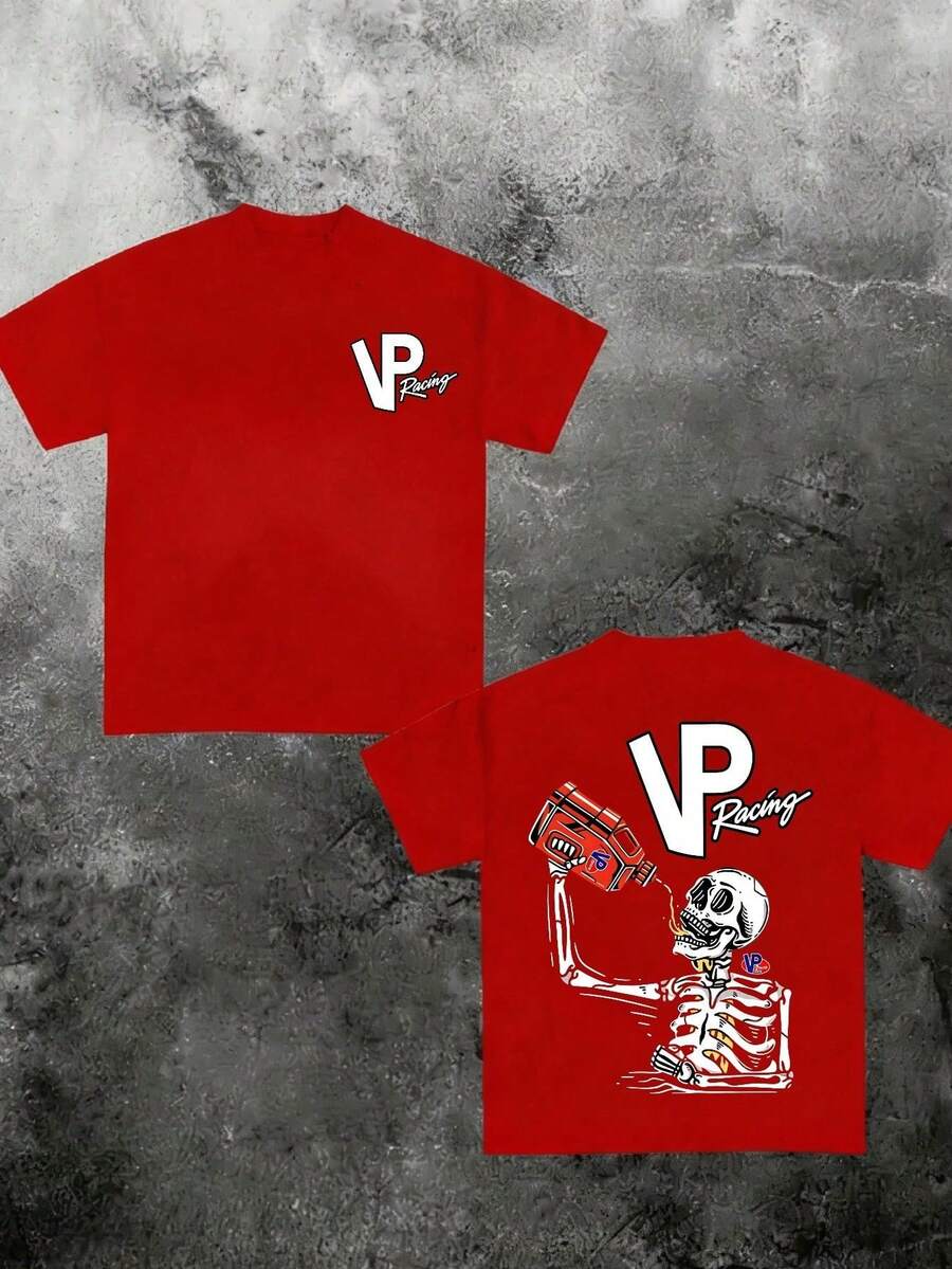 Men's T-Shirt With Double-Sided Skeleton Racing Print, 180g Cotton T-Shirt, Casual Streetwear Style, Unisex Short Sleeve - 紅色 - 查看 1