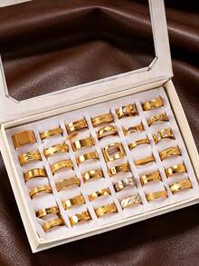 3/6/9/12 piezas Anillos de acero inoxidable dorado premium minimalista para hombres, anillos de regalo de aniversario unisex con detalles múltiples grabados, cepillados, biselados y mate, estilo aleatorio, talla aleatoria - Multicolor - Ver 3